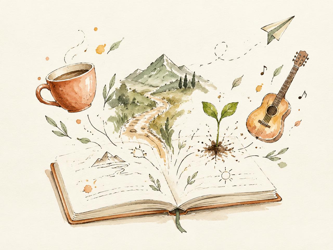 Carnet ouvert d'où s'échappent une tasse, un chemin, une pousse et une guitare